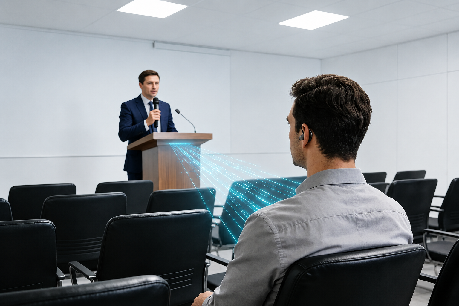 translation earbuds for listening to a live business presentation