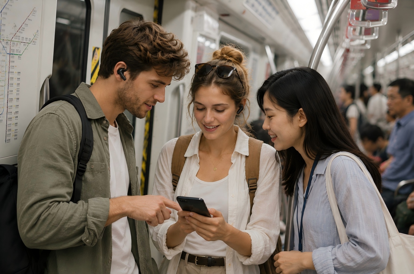 Travelers checking routes on a China subway
