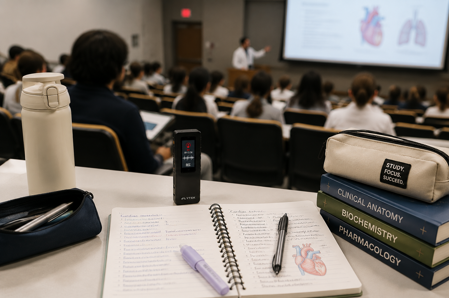 Medical student lecture hall study desk with notes and recorder