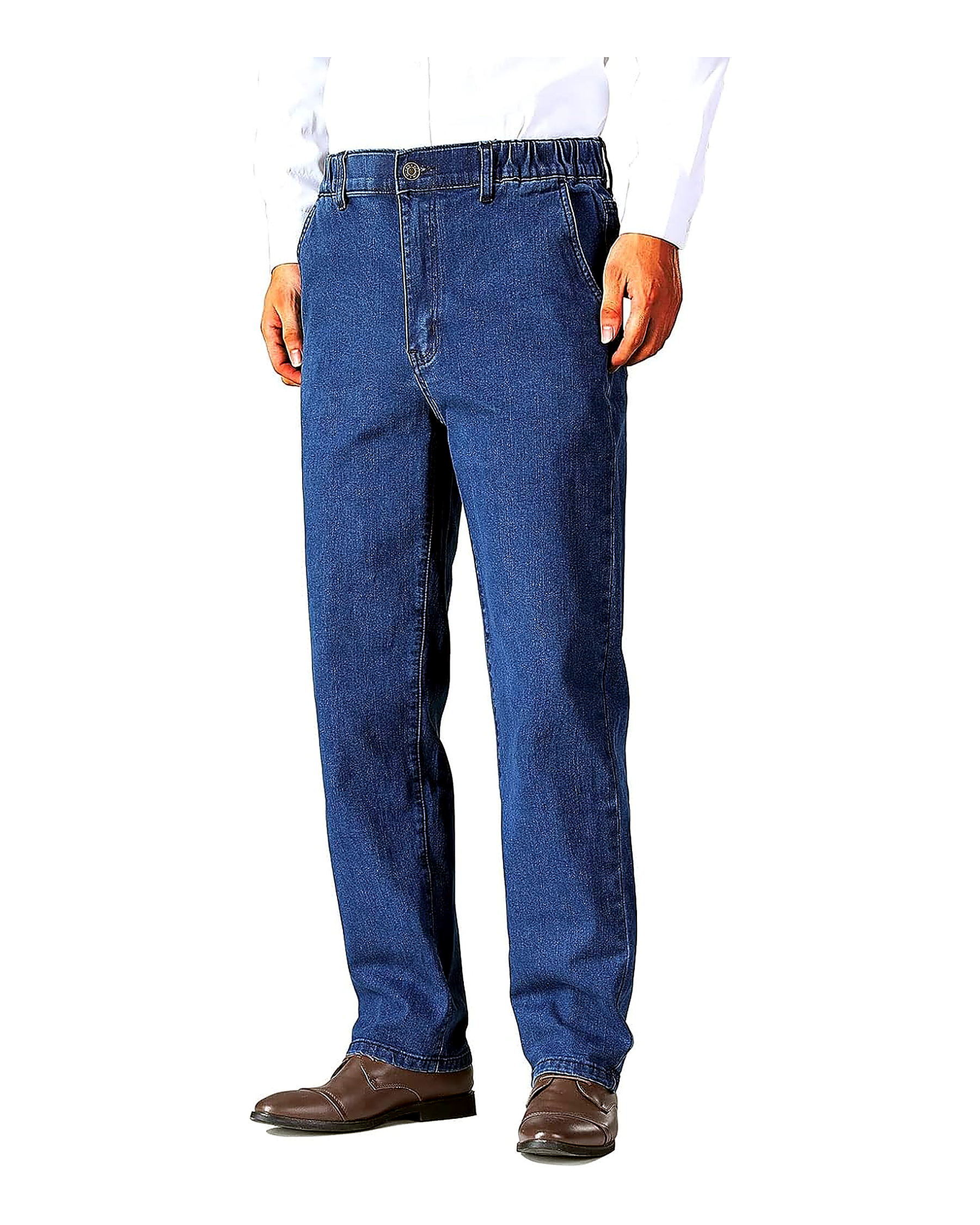 Classic Medium Blue elastic waist relaxed fit denim jeans front view