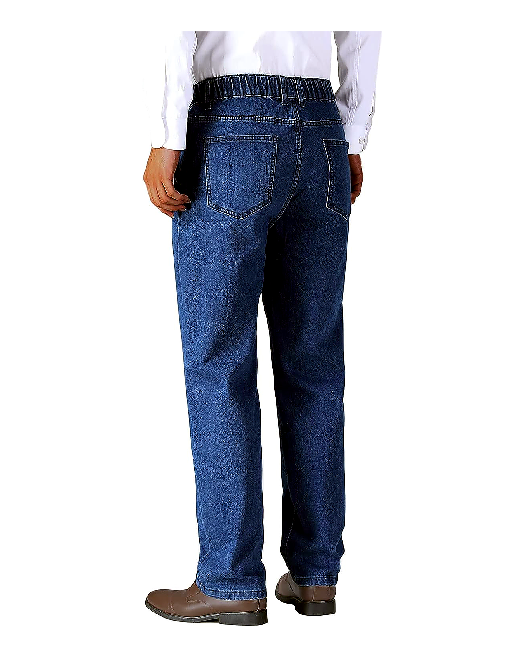 Classic Medium Blue elastic waist relaxed fit denim jeans back view