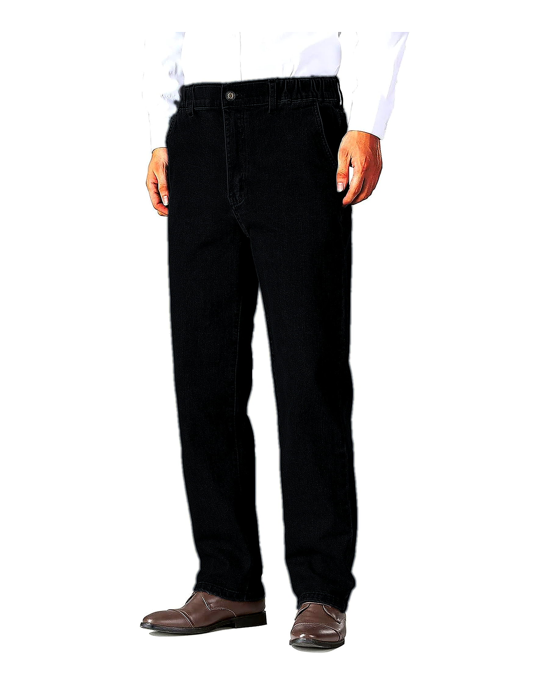 Washed Black elastic waist jeans front view