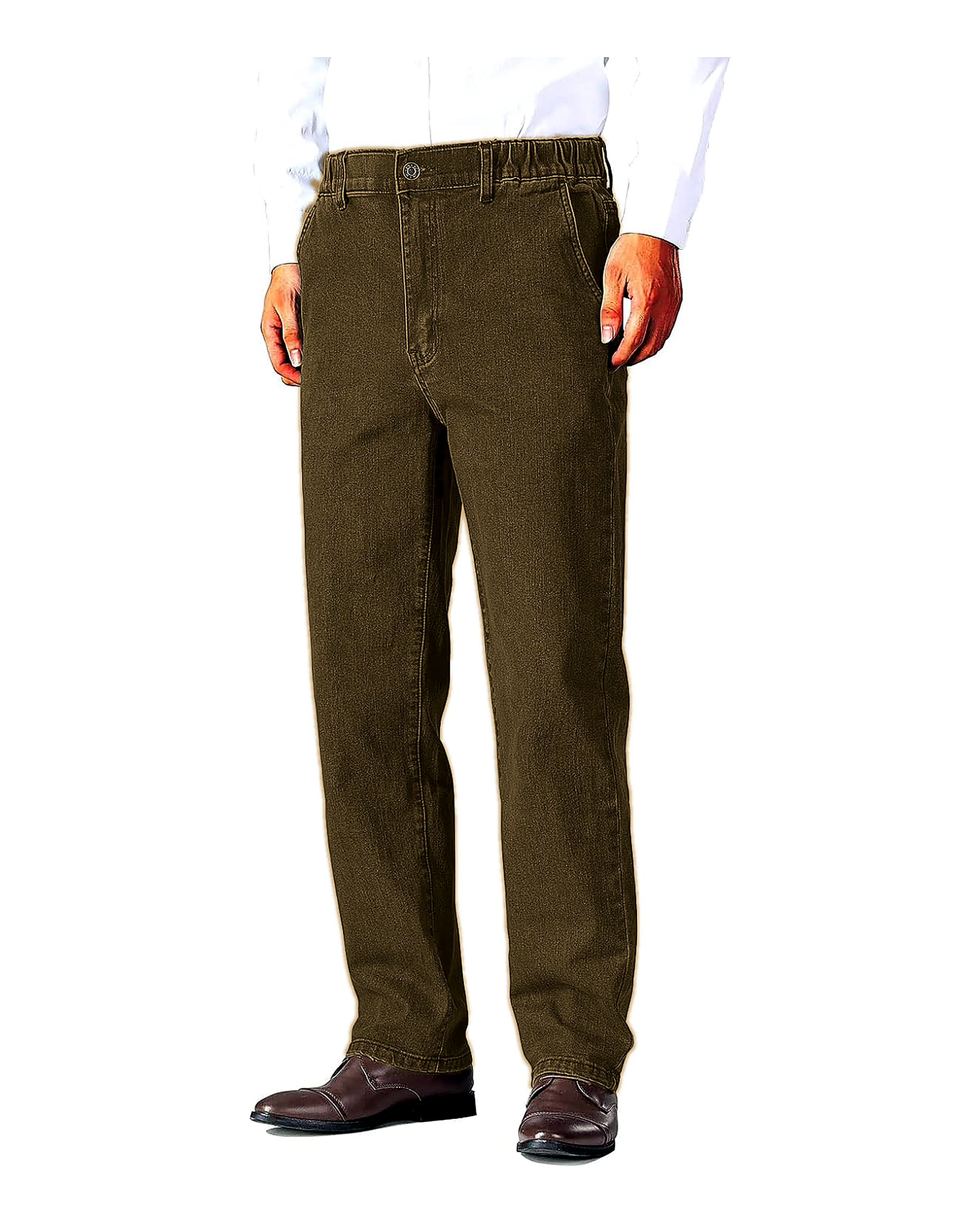 Khaki Denim elastic waist jeans front view