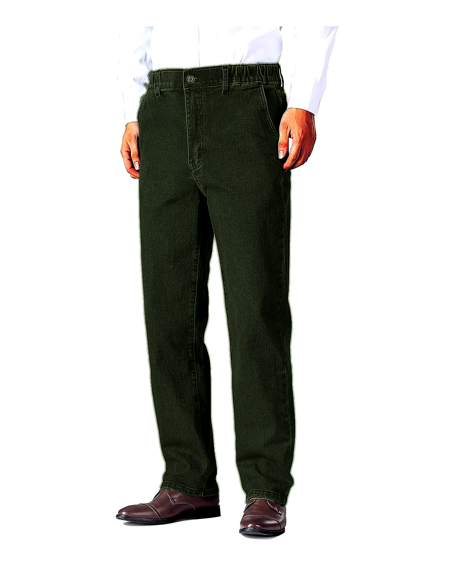 Olive Gray elastic waist jeans front view