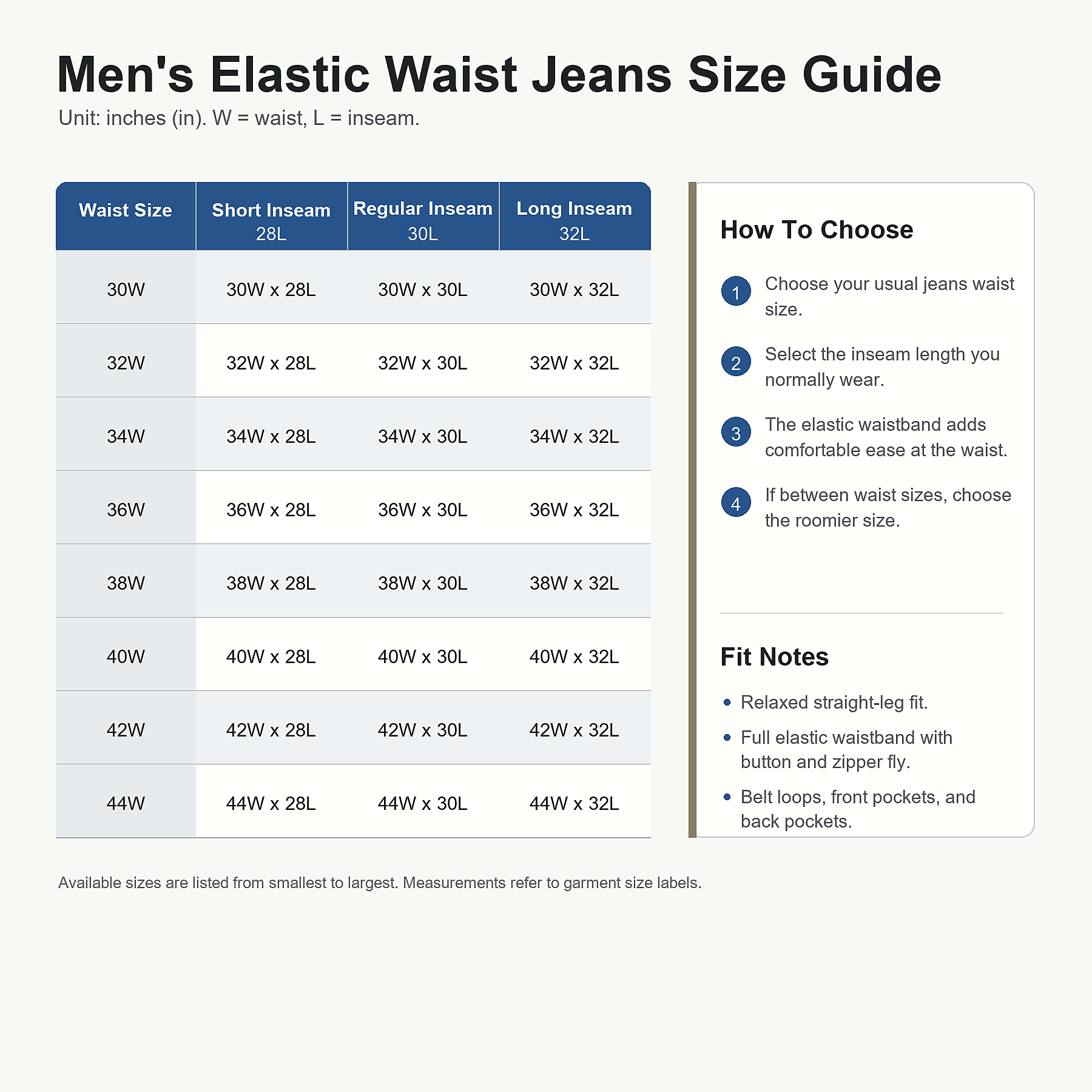 Men elastic waist relaxed fit denim jeans size chart