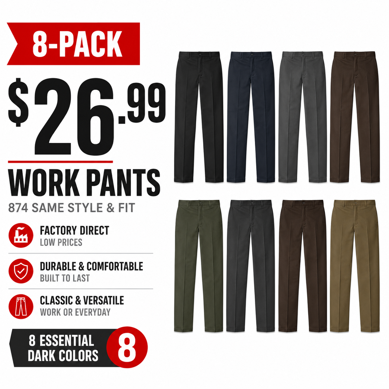 Men's Straight-Leg Twill Work Pants 8-Pack
