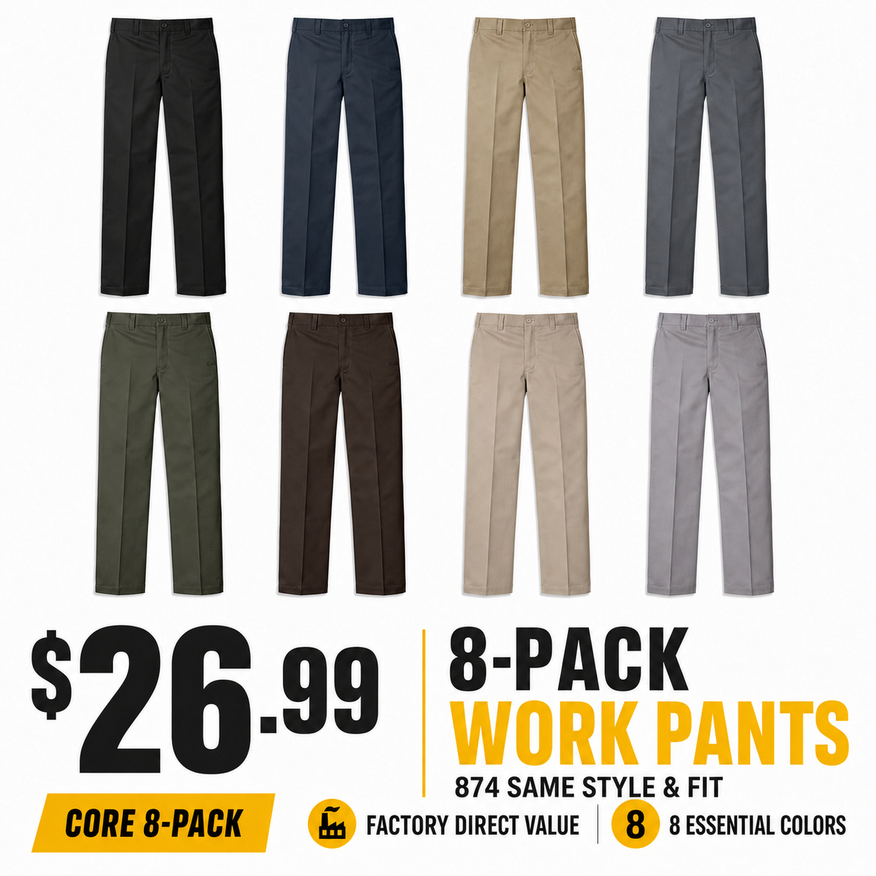 Men's Straight-Leg Twill Work Pants 8-Pack