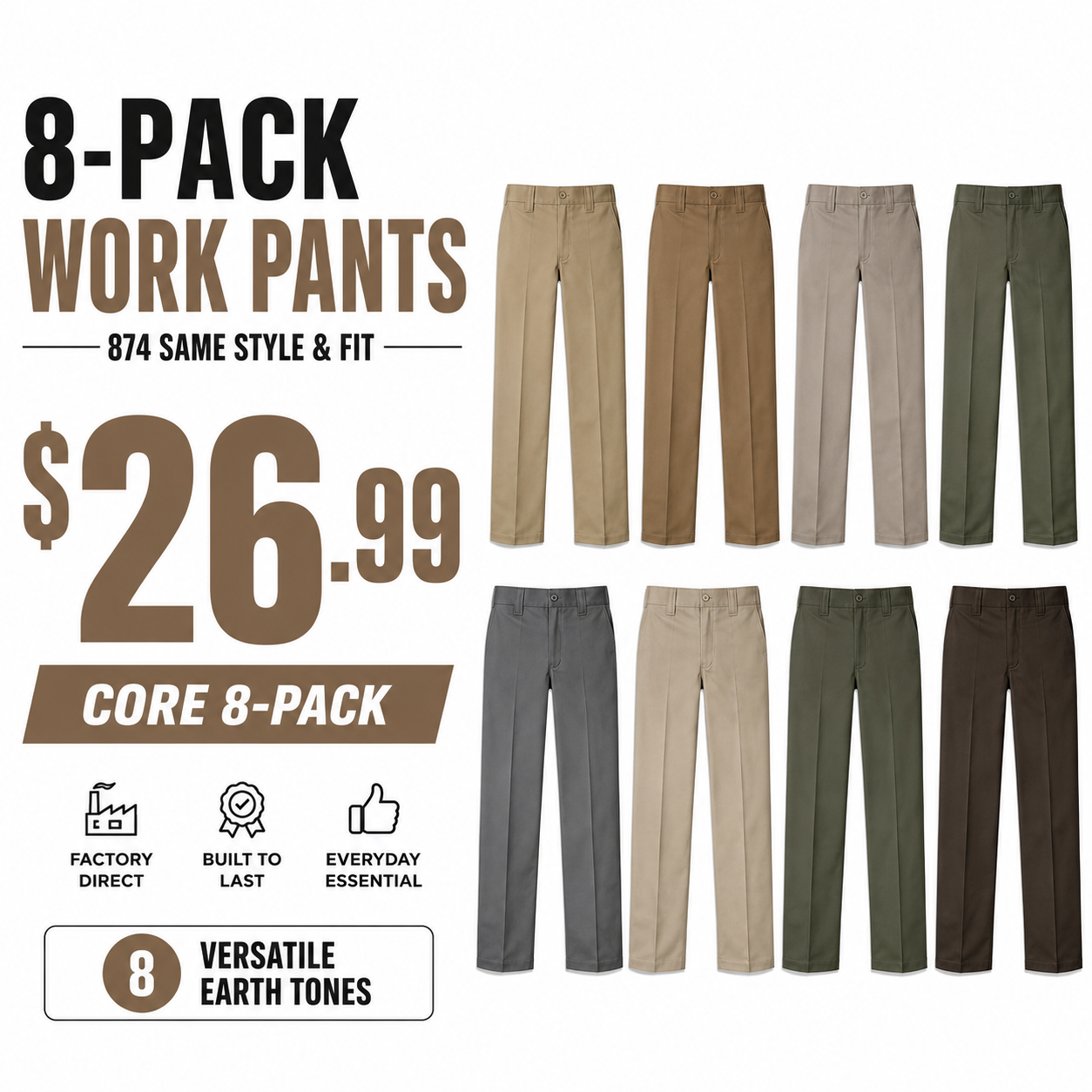 Men's Straight-Leg Twill Work Pants 8-Pack