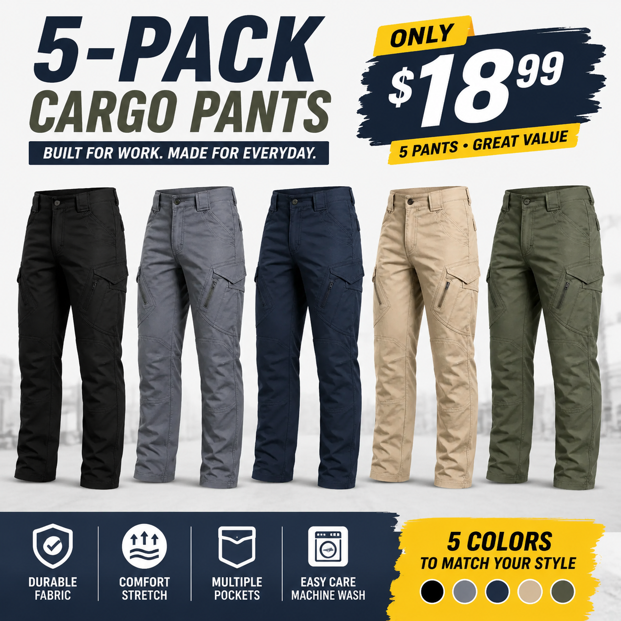Men's Waterproof Tactical Cargo Pants 5-Pack & 10-Pack