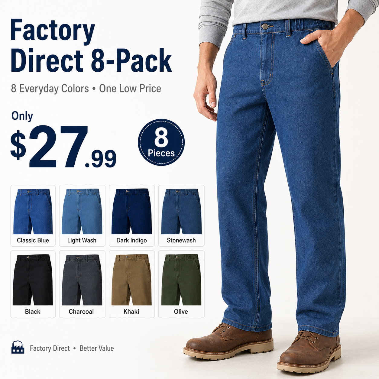 Men's Elastic Waist Relaxed Fit Denim Jeans Pack