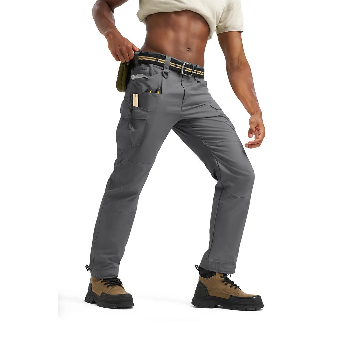 Gray tactical cargo pants front model pose.