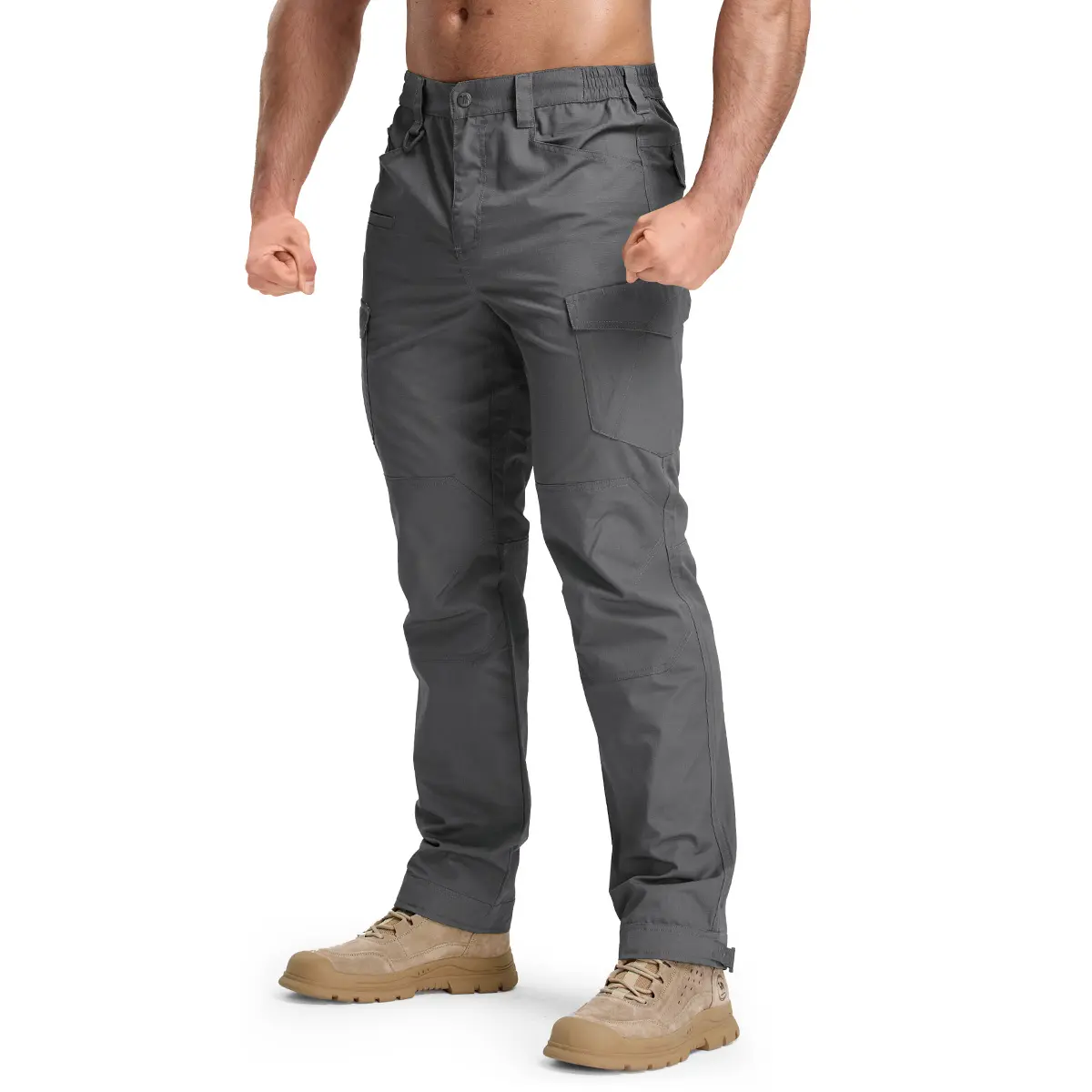 Gray tactical cargo pants front standing model view.