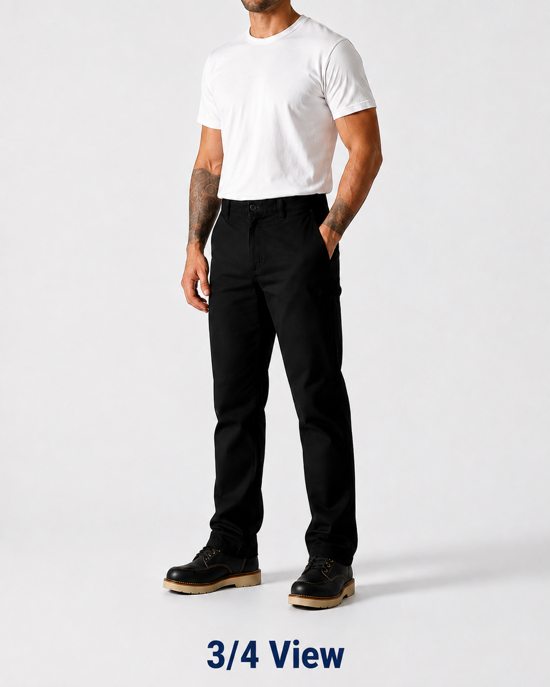 Black straight-leg work pants three-quarter view