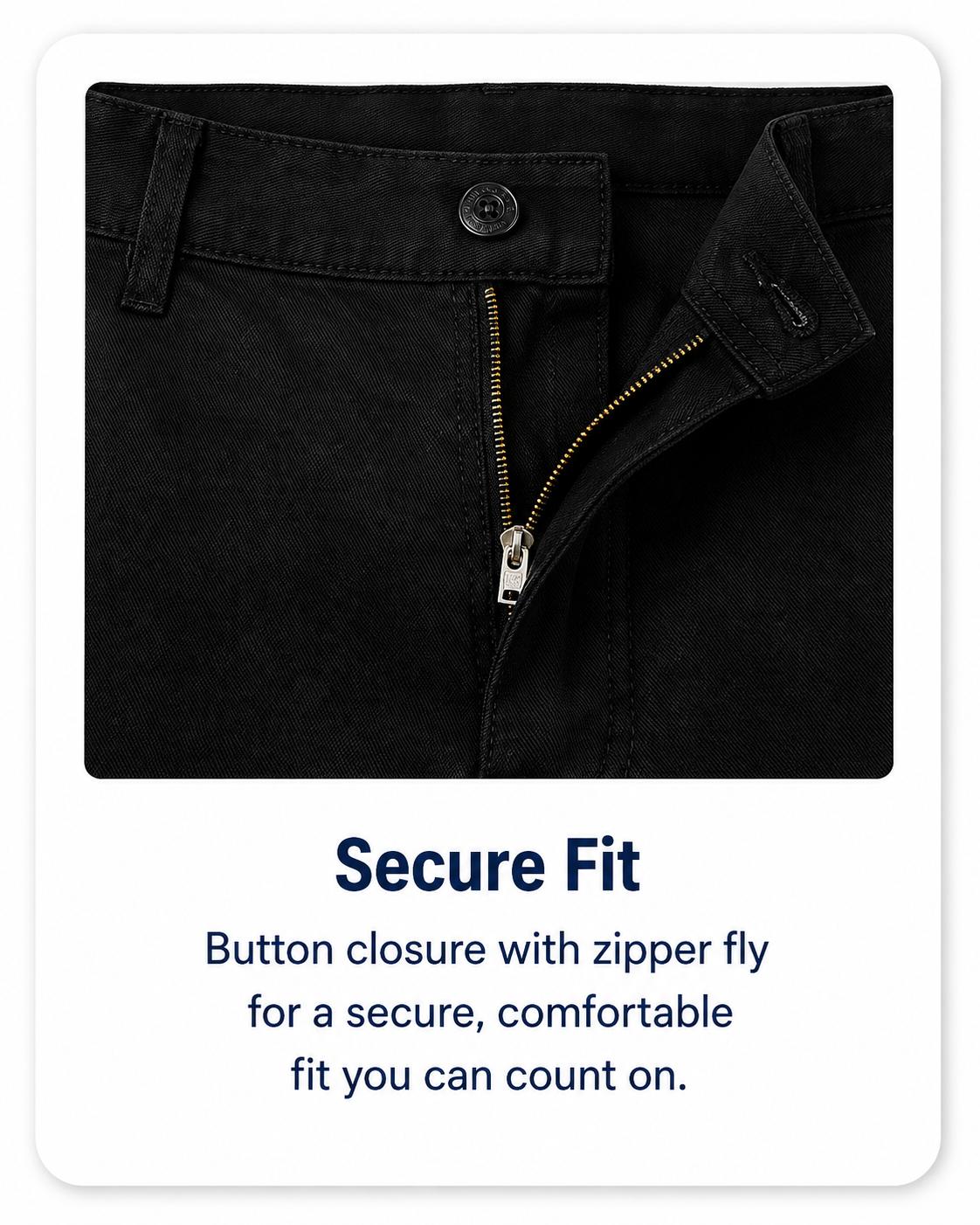 Button closure and zipper fly detail