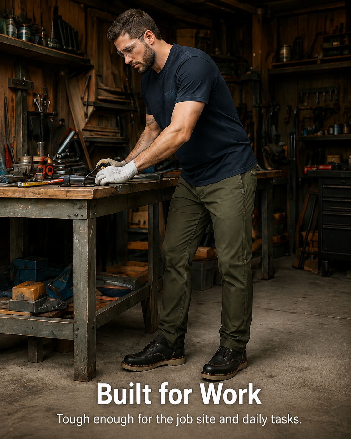 Olive work pants worn in a workshop