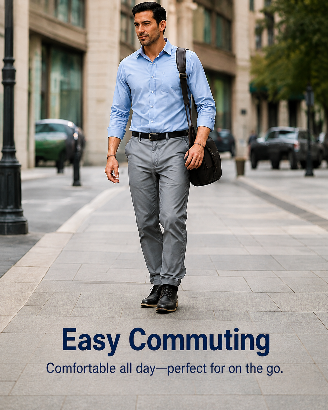 Grey work pants worn for commuting