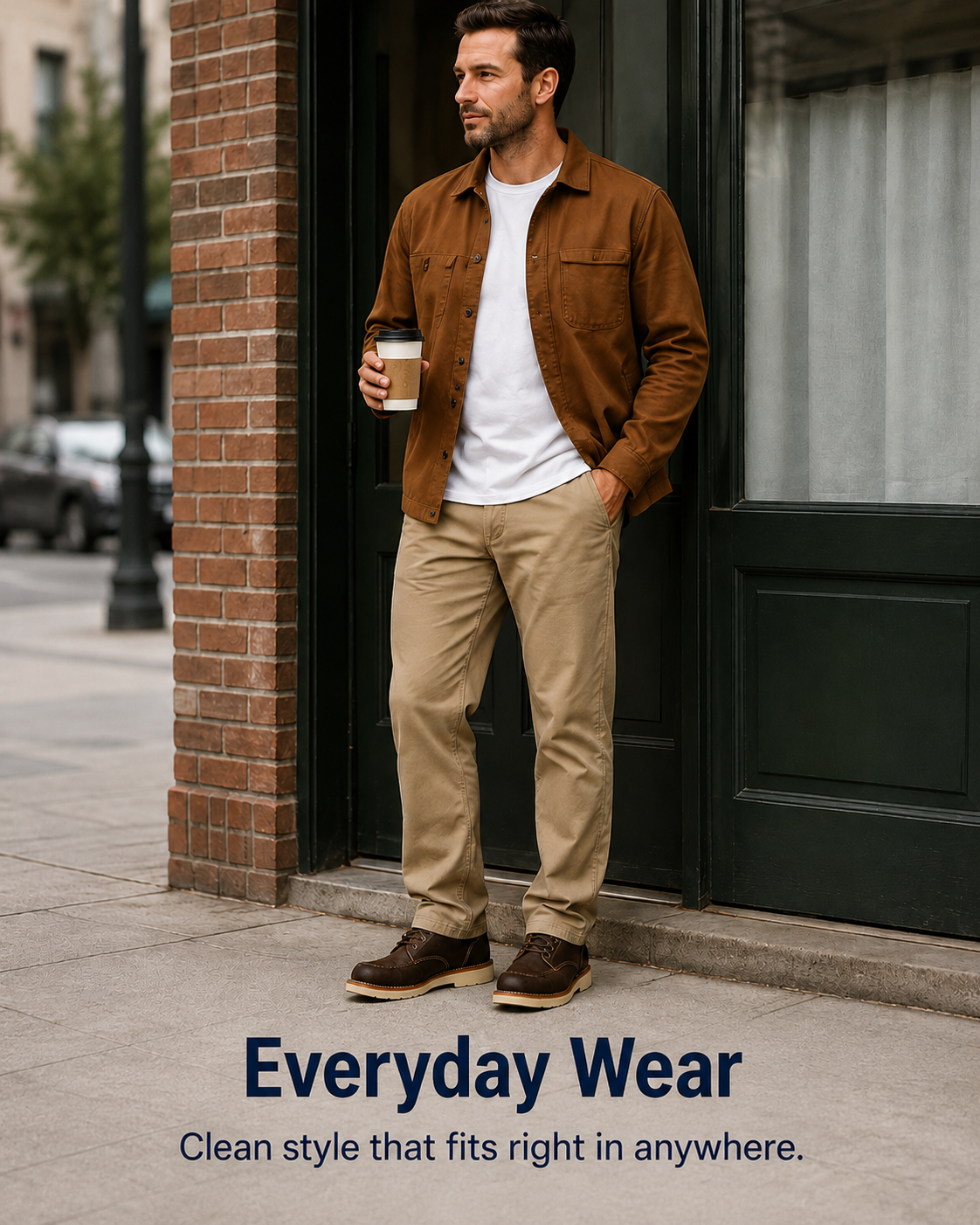 Khaki work pants styled for everyday wear