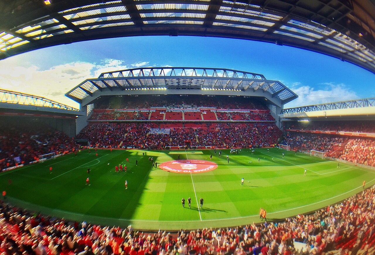 Anfield stadium panorama with the new main stand on a matchday