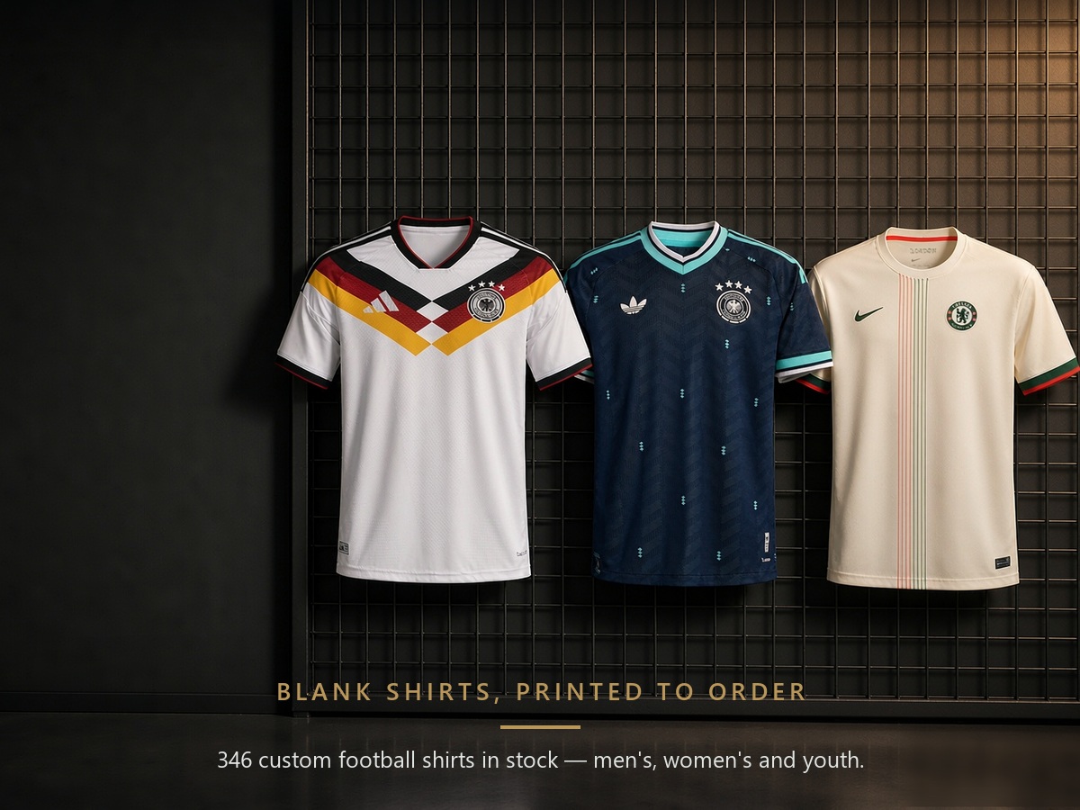 Three blank football shirts ready for custom printing