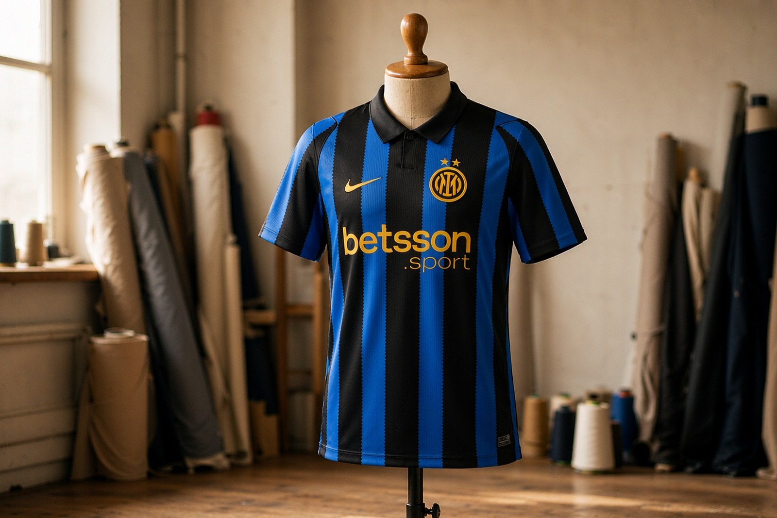 Plain white technical football jersey with a structured collar and mesh side panels on a dress form in a workshop, rolls of performance fabric on the bench