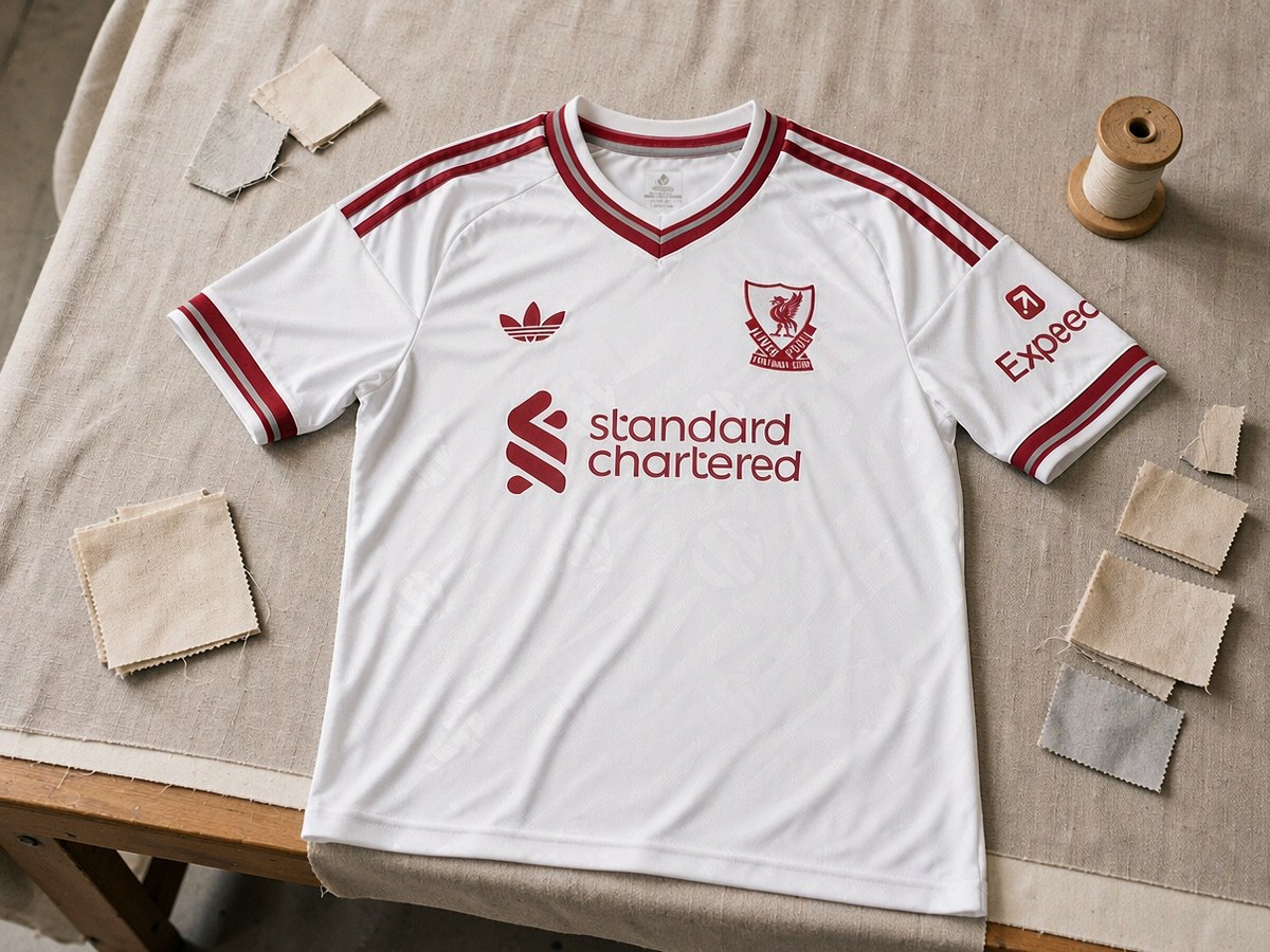 Folded white football jersey with maroon trim lying beside three blank fabric swatch cards on a stone surface