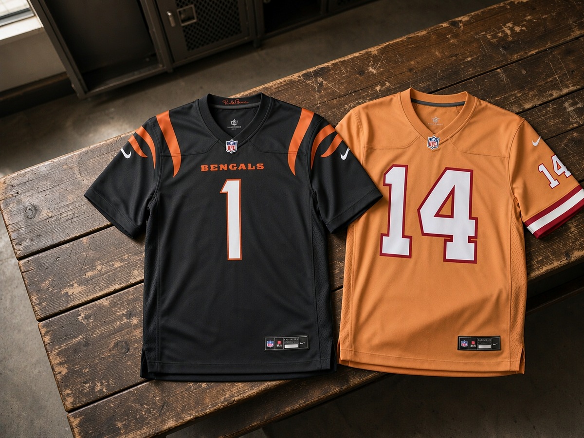 Close view of a black NFL jersey showing orange sleeve stripes and flat seam construction