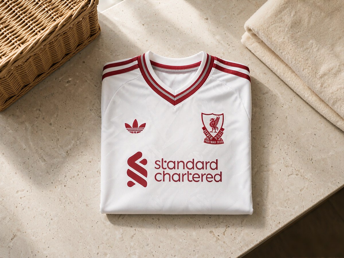 Liverpool 2026/27 away jersey folded on a stone countertop beside a laundry basket