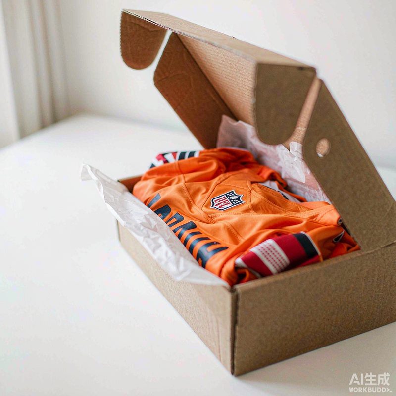 Half-opened shipping box with Renata’s orange NFL jersey peeking out