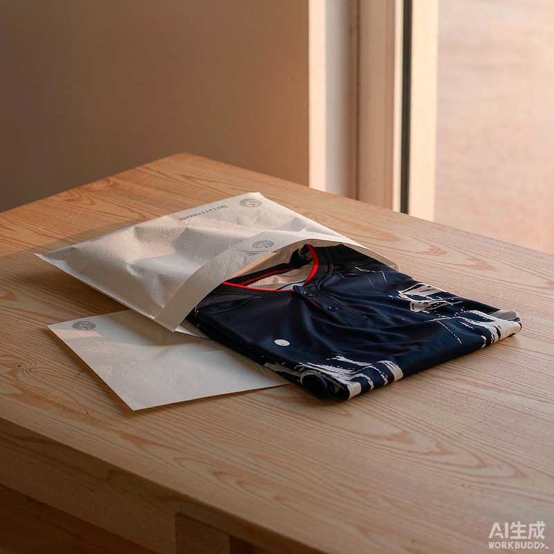 Mailer bag with Marcus’ navy soccer jersey half-folded on oak table