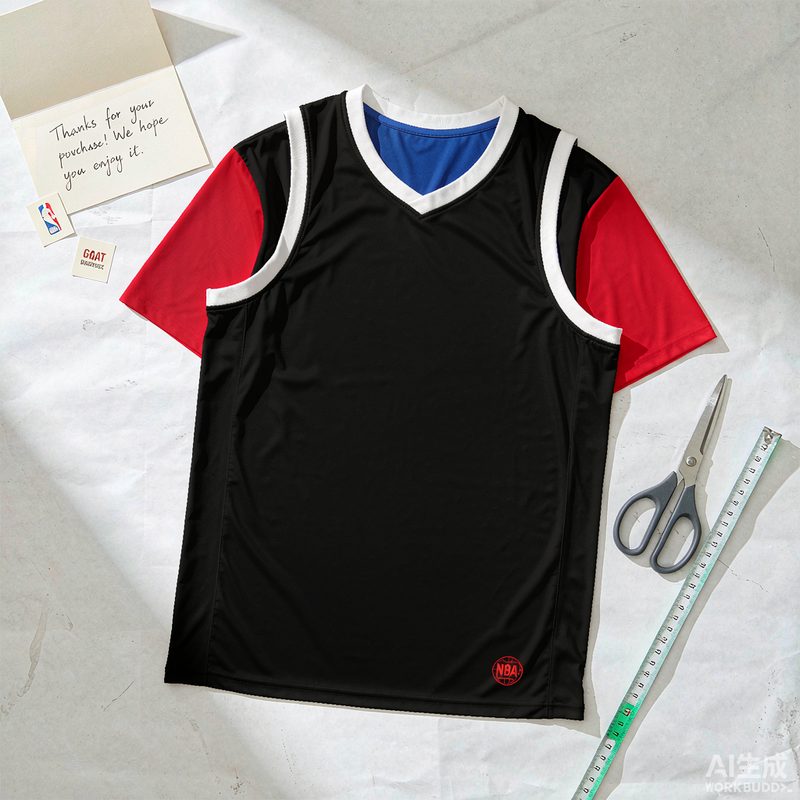Top-down flat lay of a black NBA jersey with thank-you card and stickers