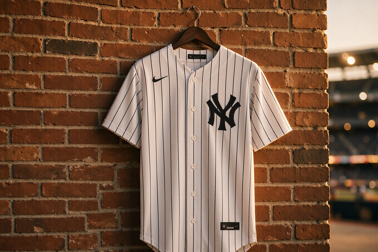 Baseball jersey photographed flat showing the button placket, chest lettering and sleeve trim