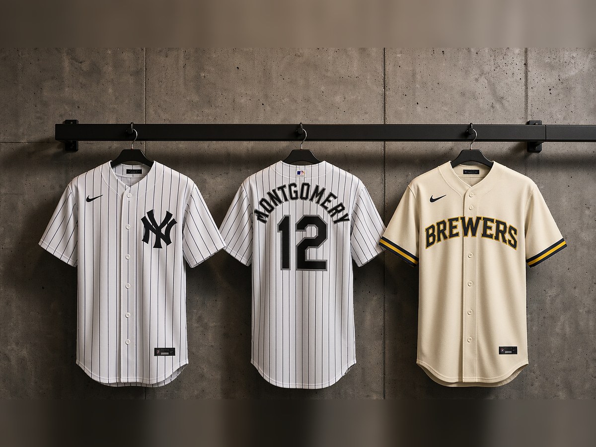 Two baseball jerseys side by side, one home white and one road grey, showing the button front and crew neck