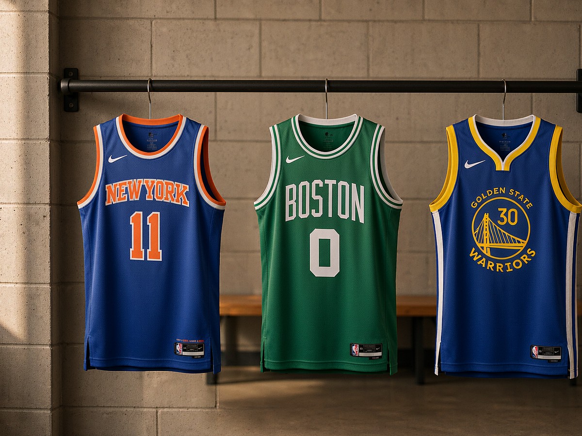 Three NBA basketball jerseys on hangers in a row on a wall rail, showing three different team colourways