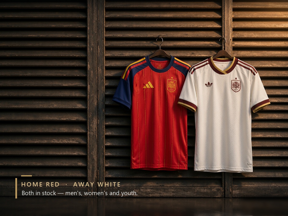 Spain home red and away white shirts in stock