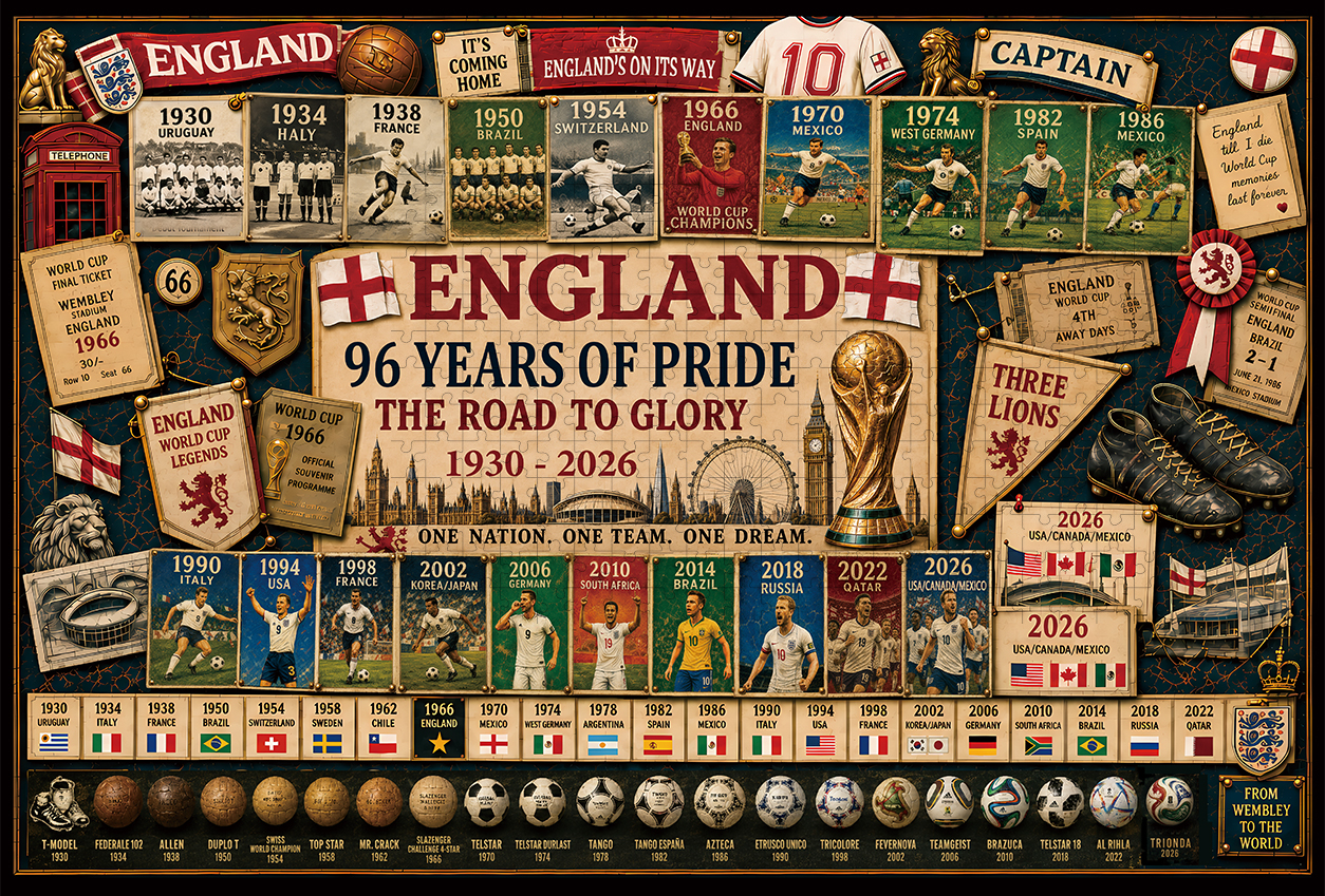 England 96-Year Glory Road World Cup Soccer "Road to Glory" Jigsaw Puzzle – 500/1000 Pieces