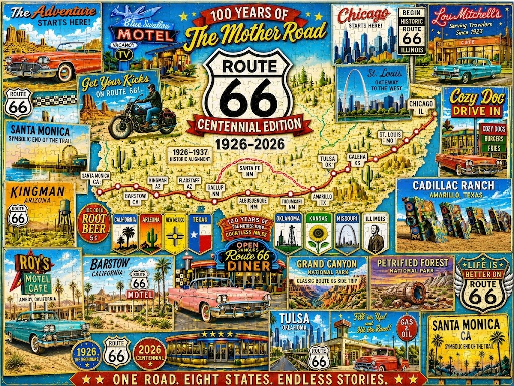 Route 66 Centennial Collector’s Puzzle 100 Years of the Mother Road — 1926–2026🎁