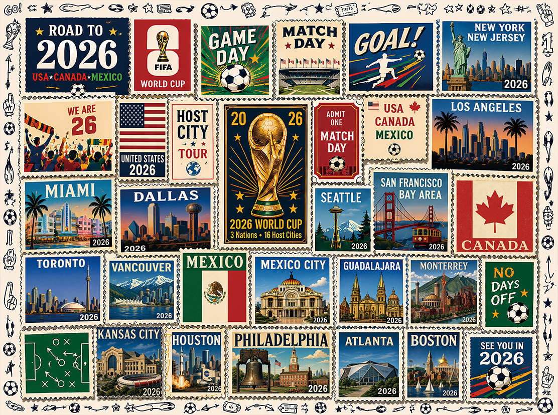 2026 World Cup Soccer Host City Stamp Puzzle - 500/1000 Piece Jigsaw Puzzle