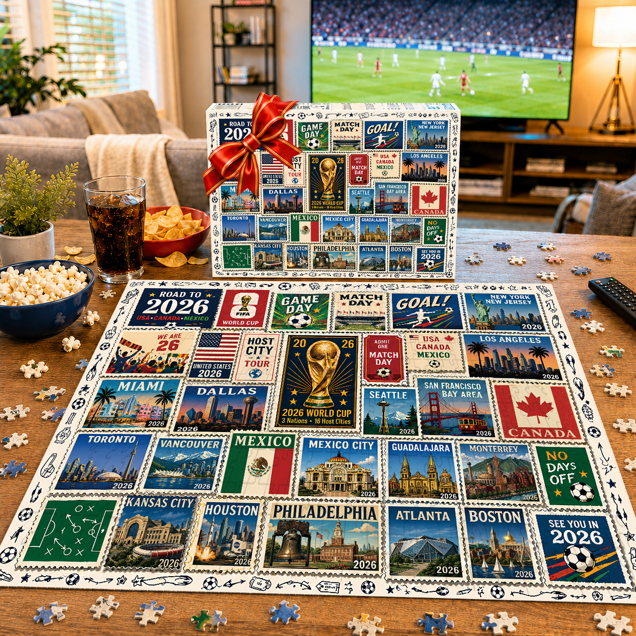 2026 World Cup Soccer Host City Stamp Puzzle - 500/1000 Piece Jigsaw Puzzle