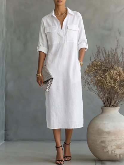 Women's Casual Linen Utility Shirt Dress with Pockets