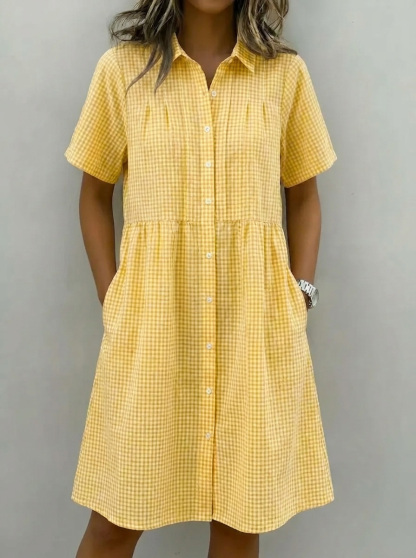 Today 49% off🔥Women's Cotton Linen Gingham Button-Up Shirt Dress