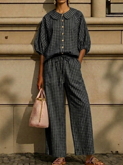 Today 49% off🔥Women’s Cotton Linen Gingham Peter Pan Collar Two-Piece Set