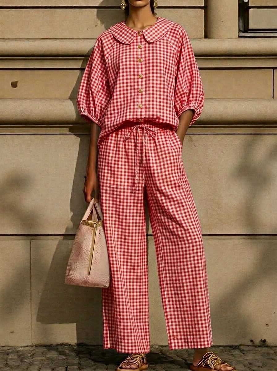 Today 49% off🔥Women’s Cotton Linen Gingham Peter Pan Collar Two-Piece Set
