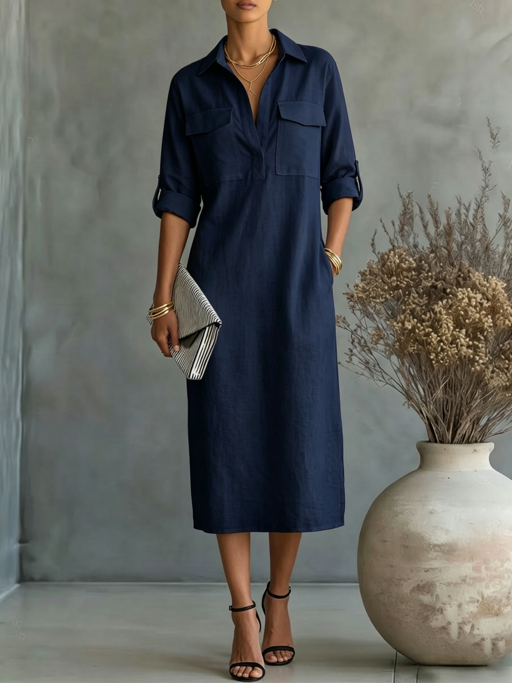 Women's Casual Linen Utility Shirt Dress with Pockets