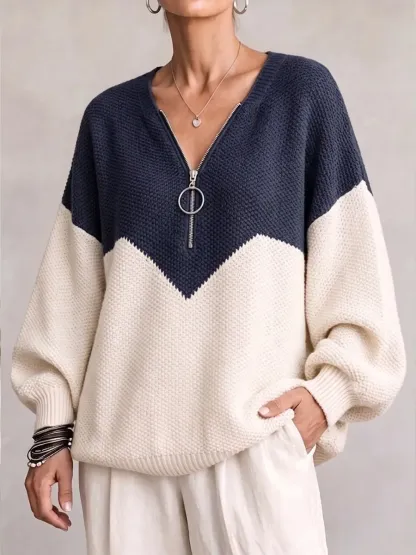 NEW ARRIVAL🔥  Women's Chevron Color Block Quarter-Zip Sweater Loose O-Ring Zipper Pullover Knit Top-simplysoftwear