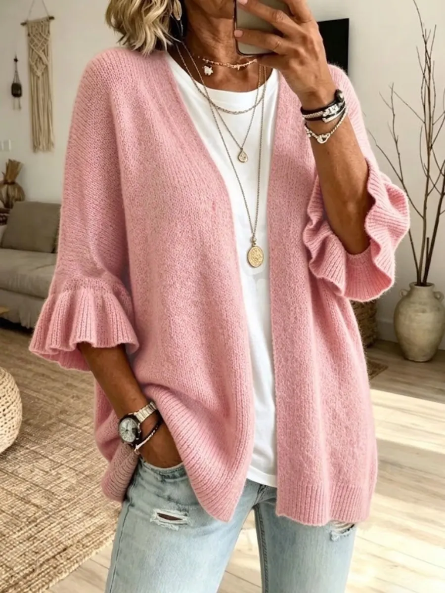 New Arrival🔥 Solid-color, Loose-fit, Casual Knit Cardigan With Three-quarter Sleeves-halonarra