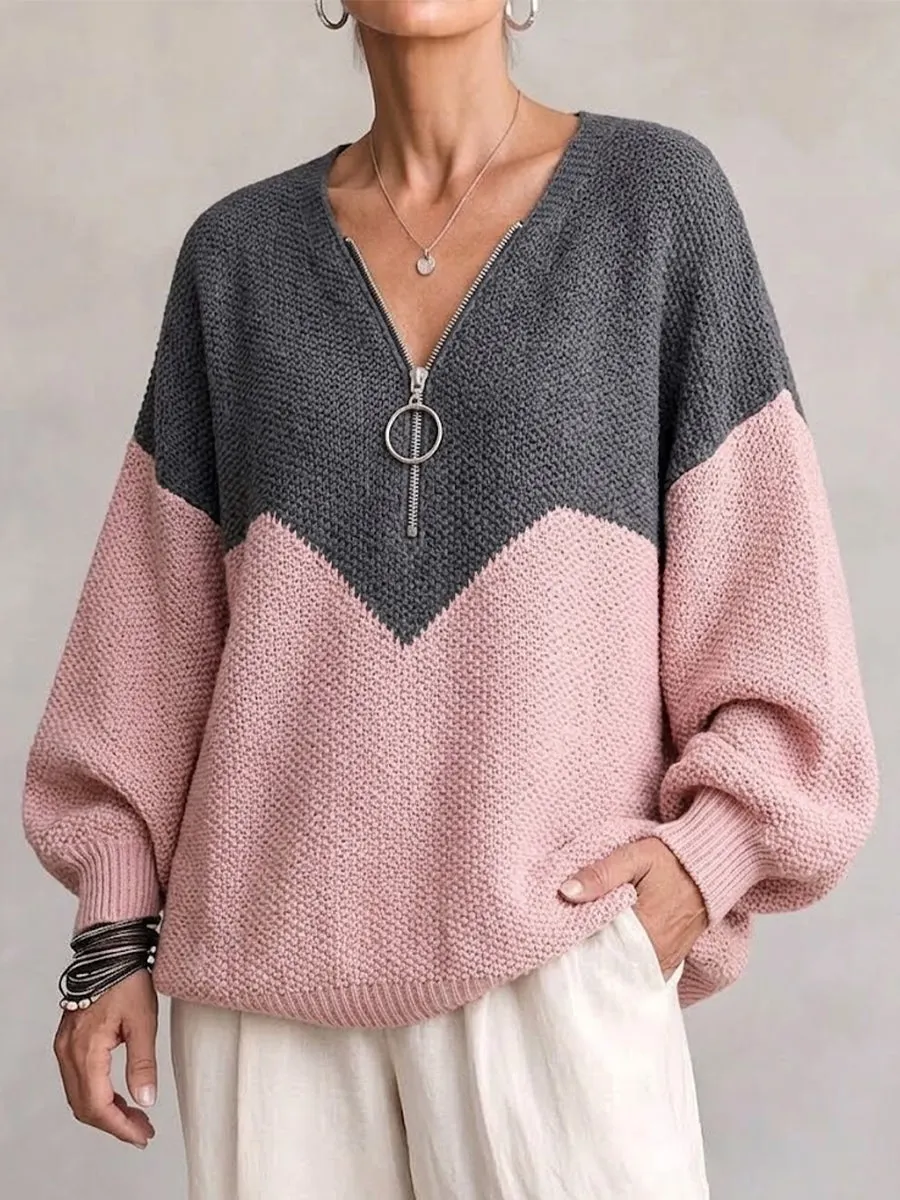 NEW ARRIVAL🔥  Women's Chevron Color Block Quarter-Zip Sweater Loose O-Ring Zipper Pullover Knit Top-simplysoftwear
