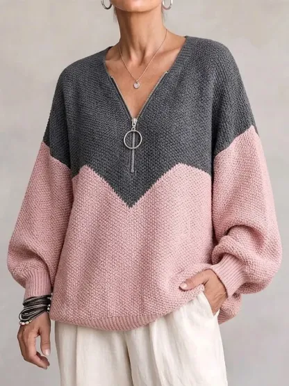 NEW ARRIVAL🔥  Women's Chevron Color Block Quarter-Zip Sweater Loose O-Ring Zipper Pullover Knit Top-simplysoftwear