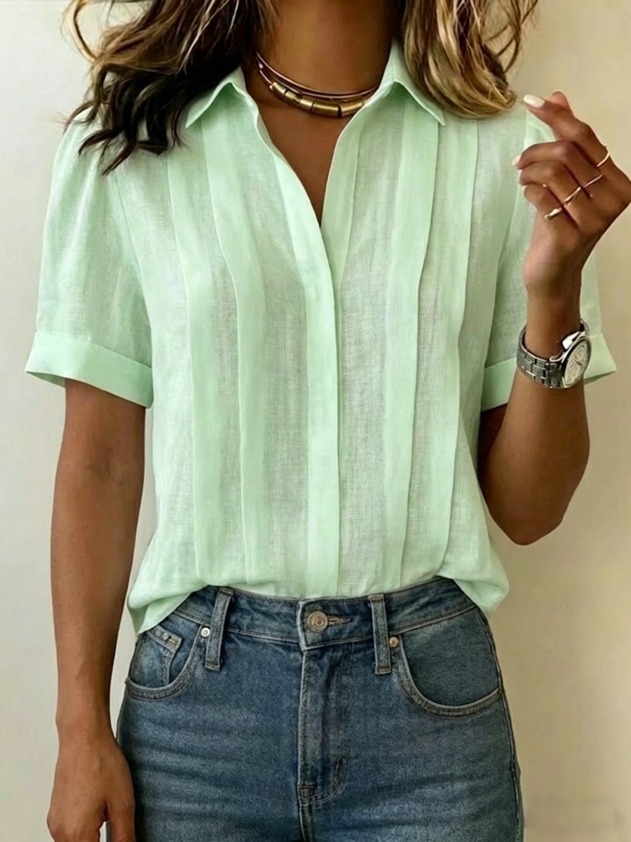Clearance Sale🔥 Women's Lapel Short-sleeved Casual Loose Pleated Cotton And Linen Shirt