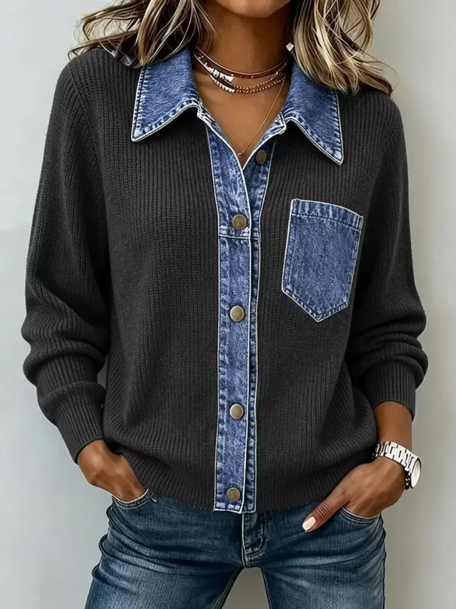 CLEARANCE SALE🔥 Women's Casual Denim Pocket Knit Tops-simplysoftwear