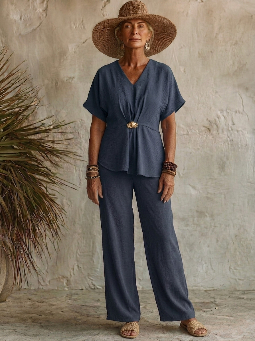 Comfortable Chiffon V-Neck Top with Metal Buttons Two-piece Set